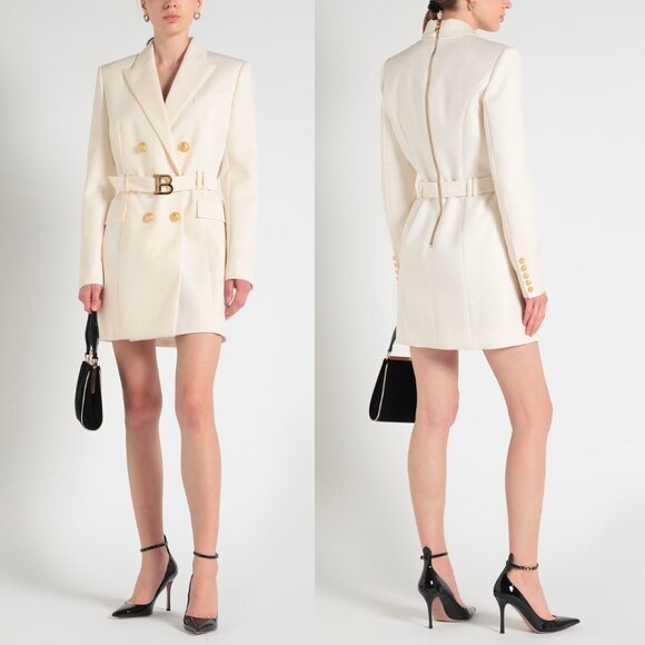 NWT Balmain Wool Jacket Dress Belted Lapel Collar White w/ Embellishments Sz 38 - Picture 1 of 11